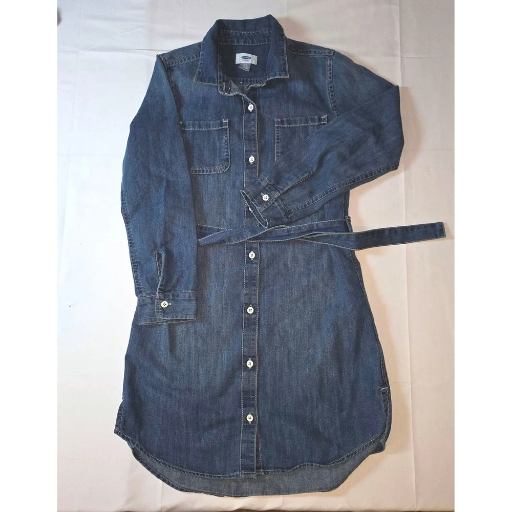 Old Navy Girls Large‎ 10-12 Denim Shirt Dress Dark Wash Long Sleeve Belted Blue